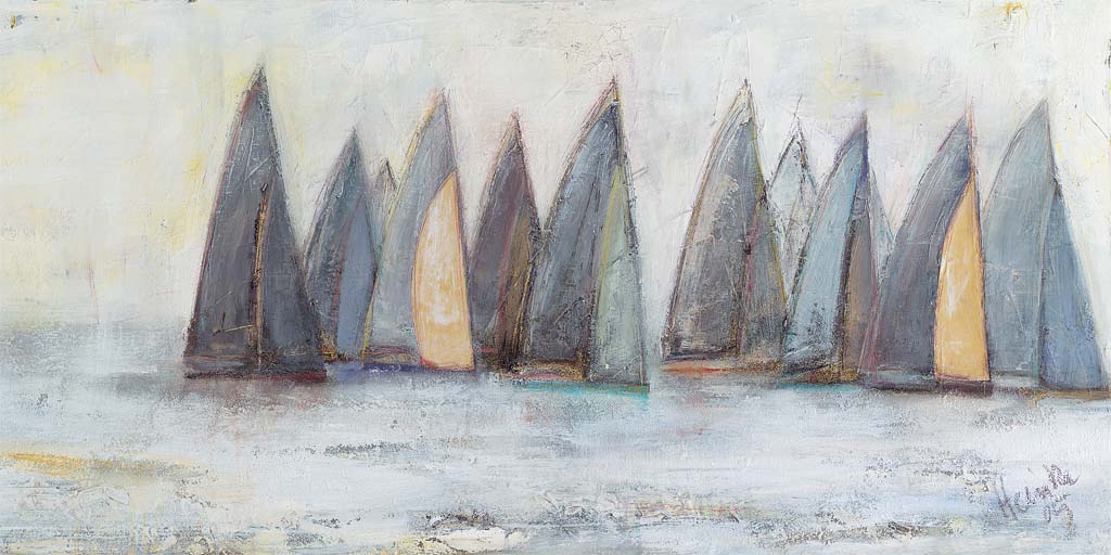 Gemalte Segelboote in blau-grau-Tönen