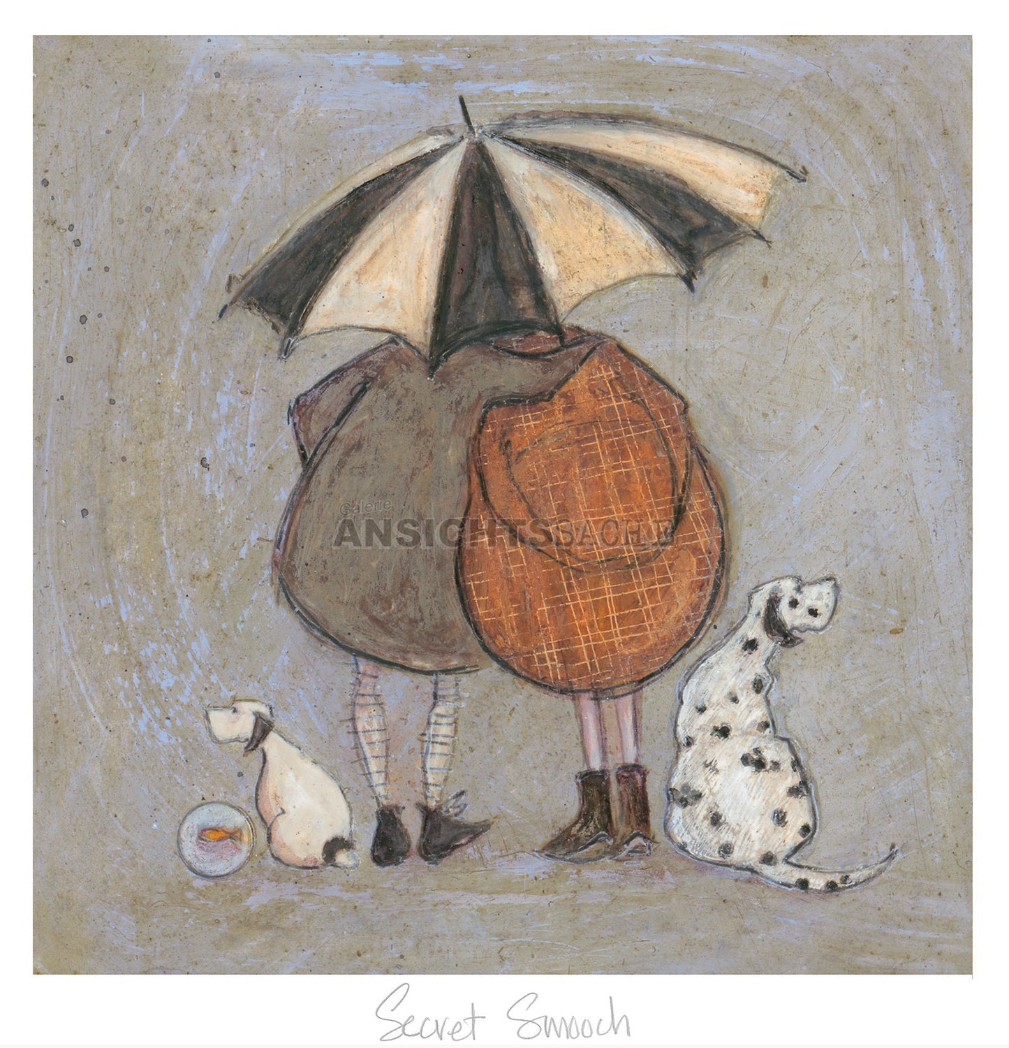 Gemaltes Bild - Frau & Mann stehen zusammen unter einem Regenschirm. Neben ihnen stehen ihre zwei Hunde und Goldfisch im Aquarium.