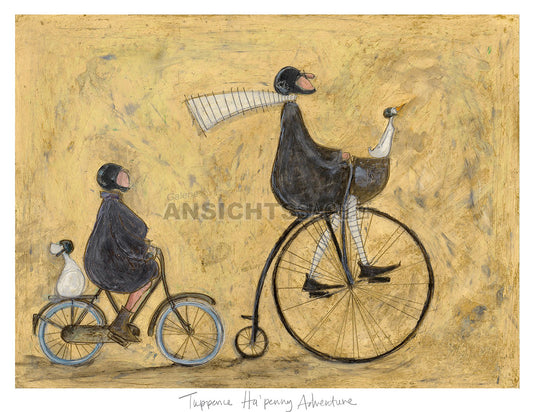 Gemaltes Bild - Ein Mann auf einem der ersten Fahrrad. Dahinter jemand auf einem heutigen Fahrrad. Ihre Haustiere haben sie natürlich dabei.