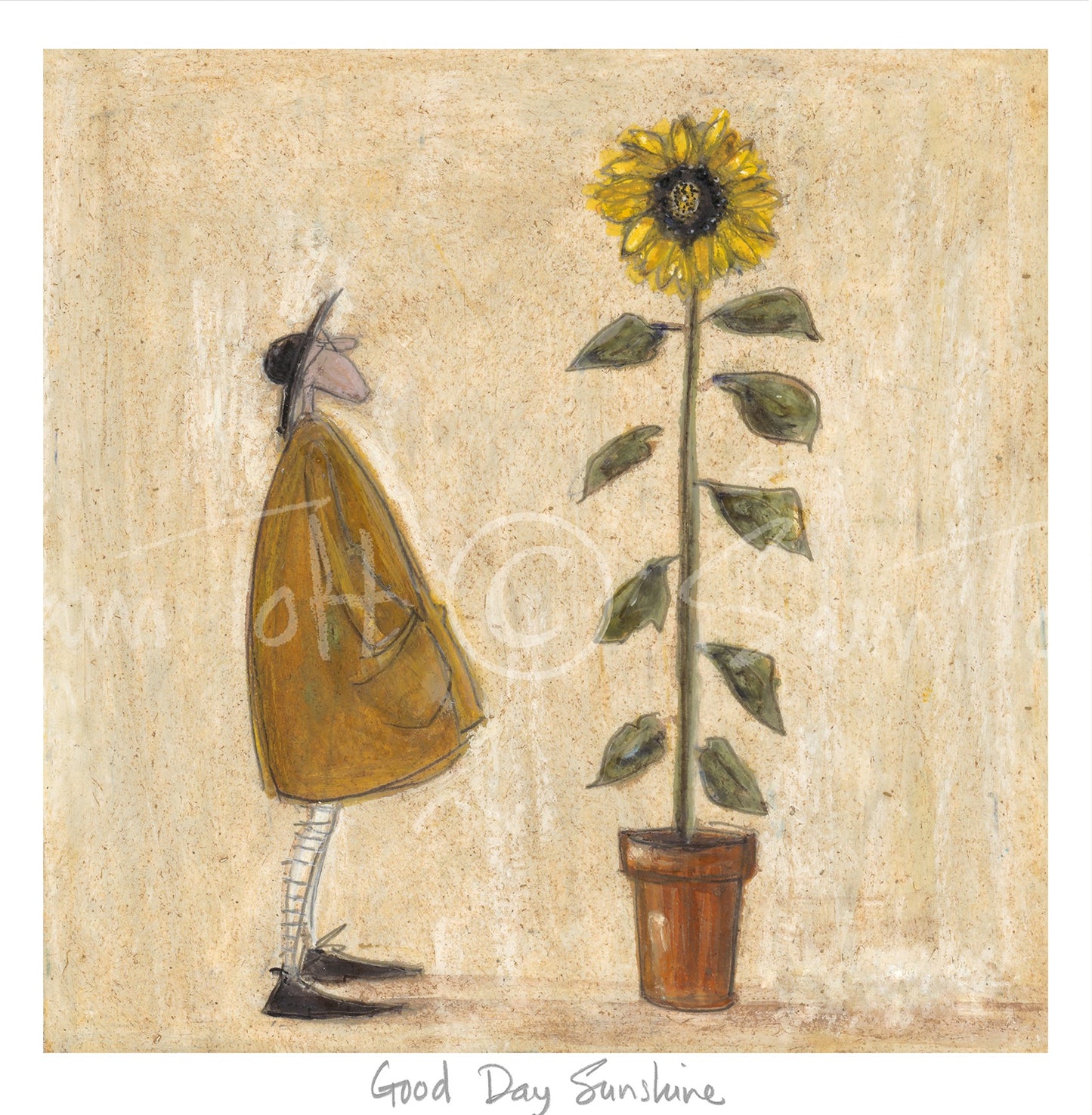 Gemaltes Bild - Mann steht vor großer Sonnenblume.