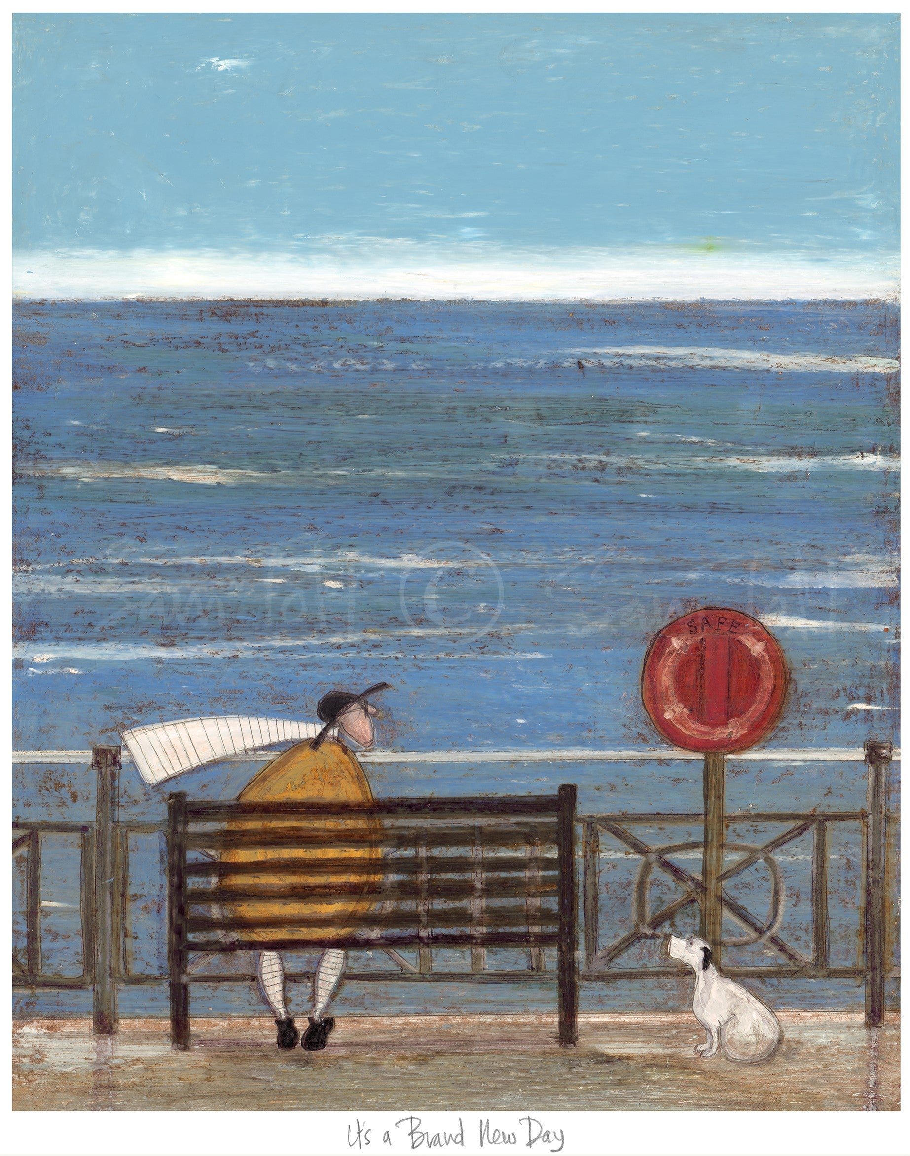 Gemaltes Bild - Mann sitzt auf Parkbank und schaut mit seinem Hund aufs Meer.