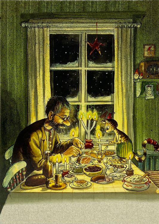Weihnachtskarte "Petterson & Findus am Weihnachtstisch"